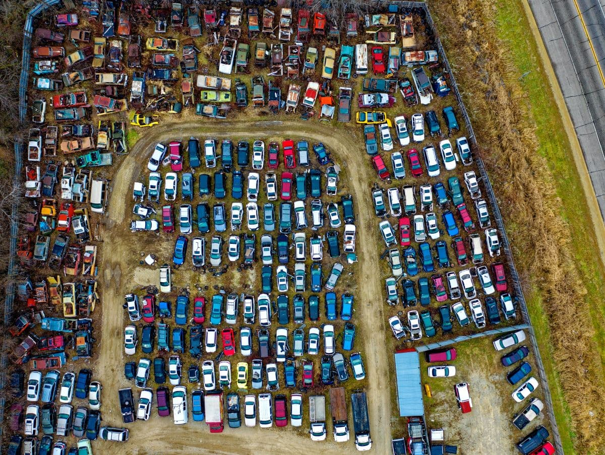 Aerial view of cars in a scrapyard