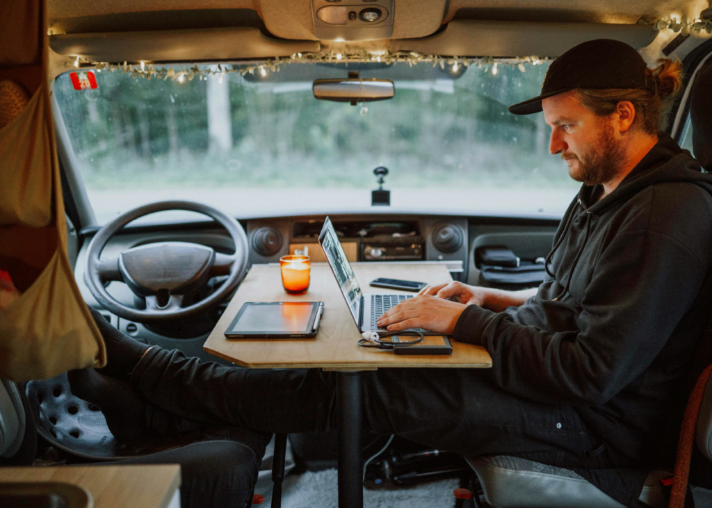 Man working in campervan
