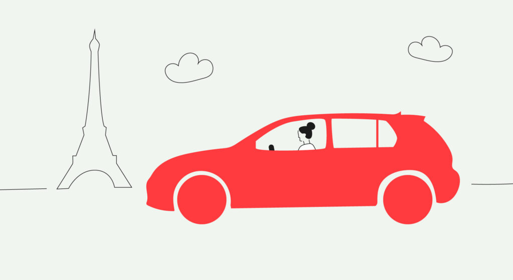 Illustration of a car with the Eiffel Tower in the background - driving in Europe