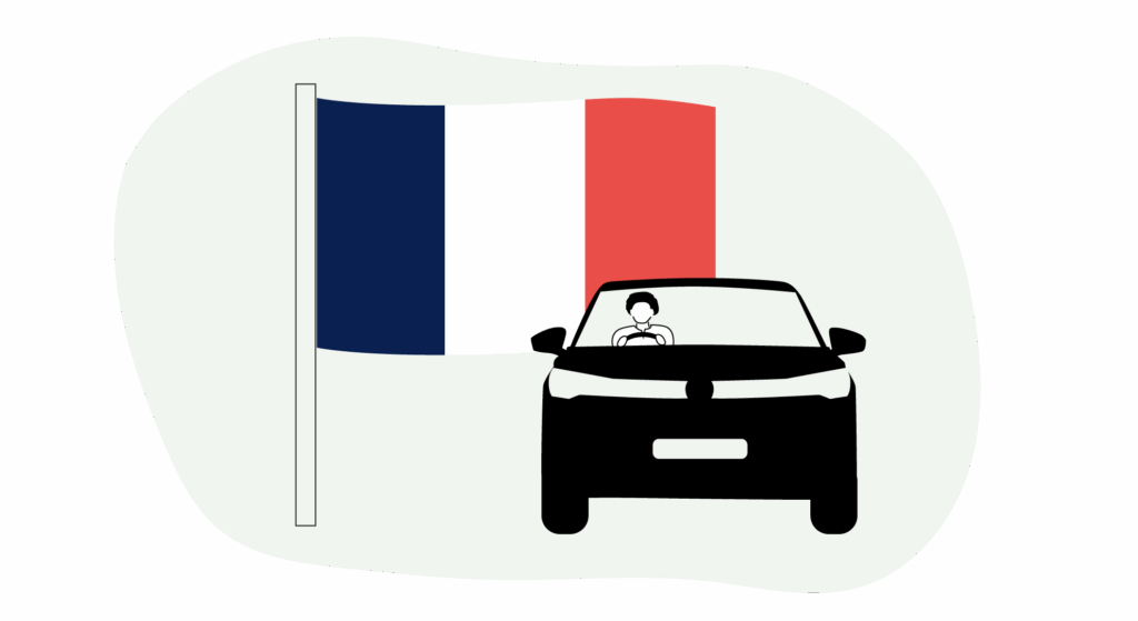 Illustration of a French flag and a car - driving in Europe