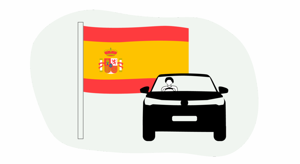 Illustration of a Spanish flag and a car - driving in Spain