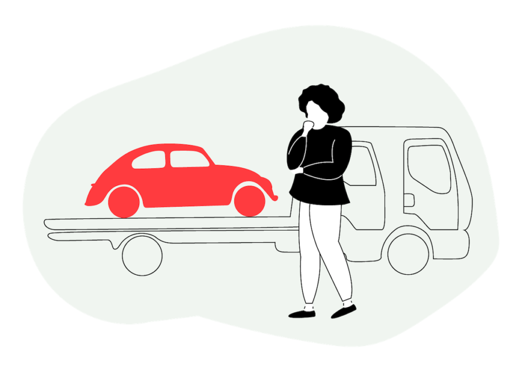 Illustration of a car broken down being picked up by a recovery truck