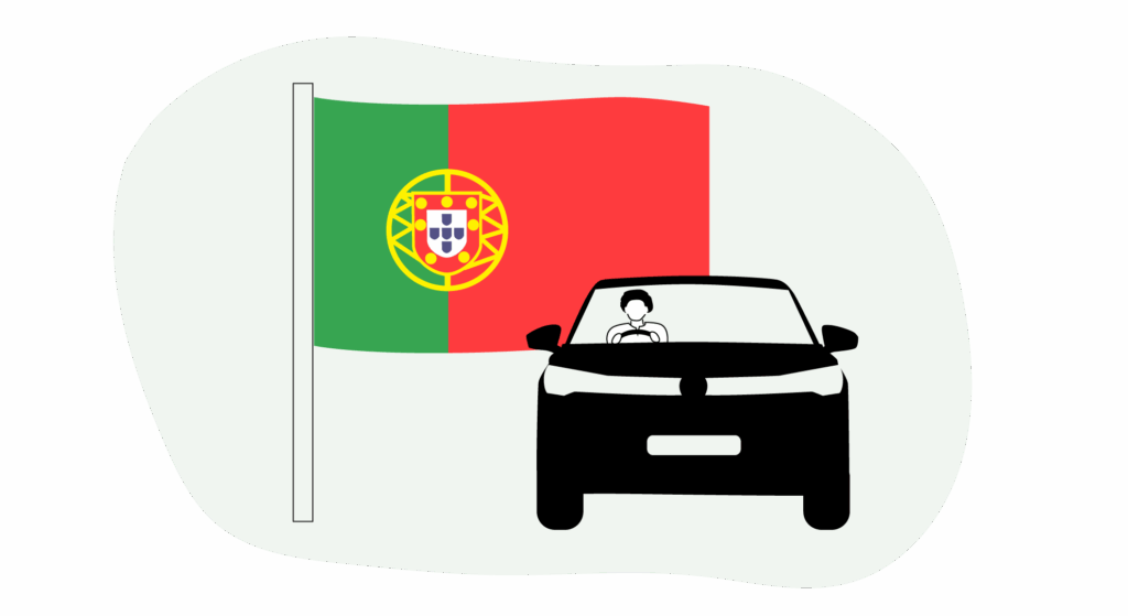 Illustration of a Portuguese flag and a car - driving in Europe