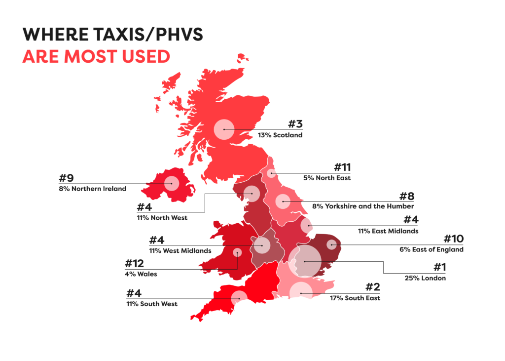 An illustrated map of where taxis and private hire vehicles are most used in the UK