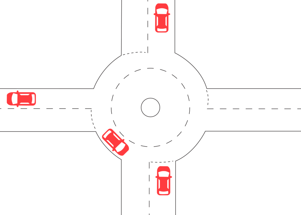 Cars driving around a roundabout in Europe - right-hand drive car in Europe