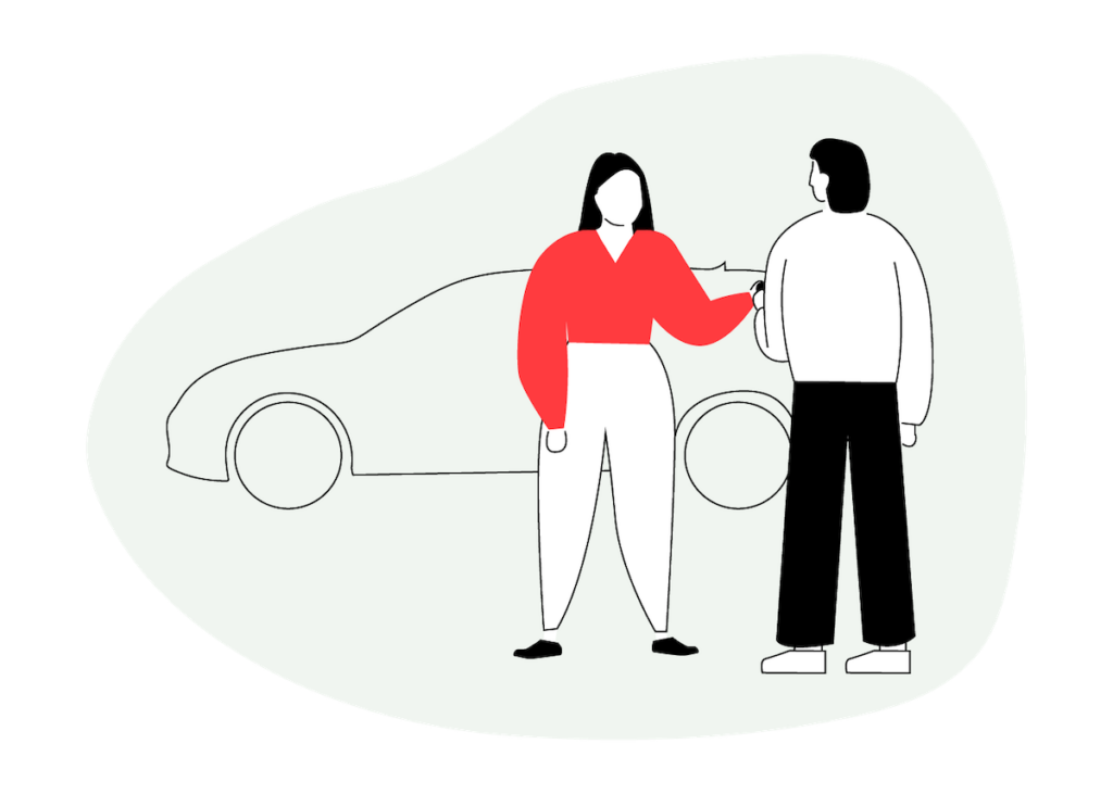 Illustration of a car being hired with two people standing next to a vehicle 