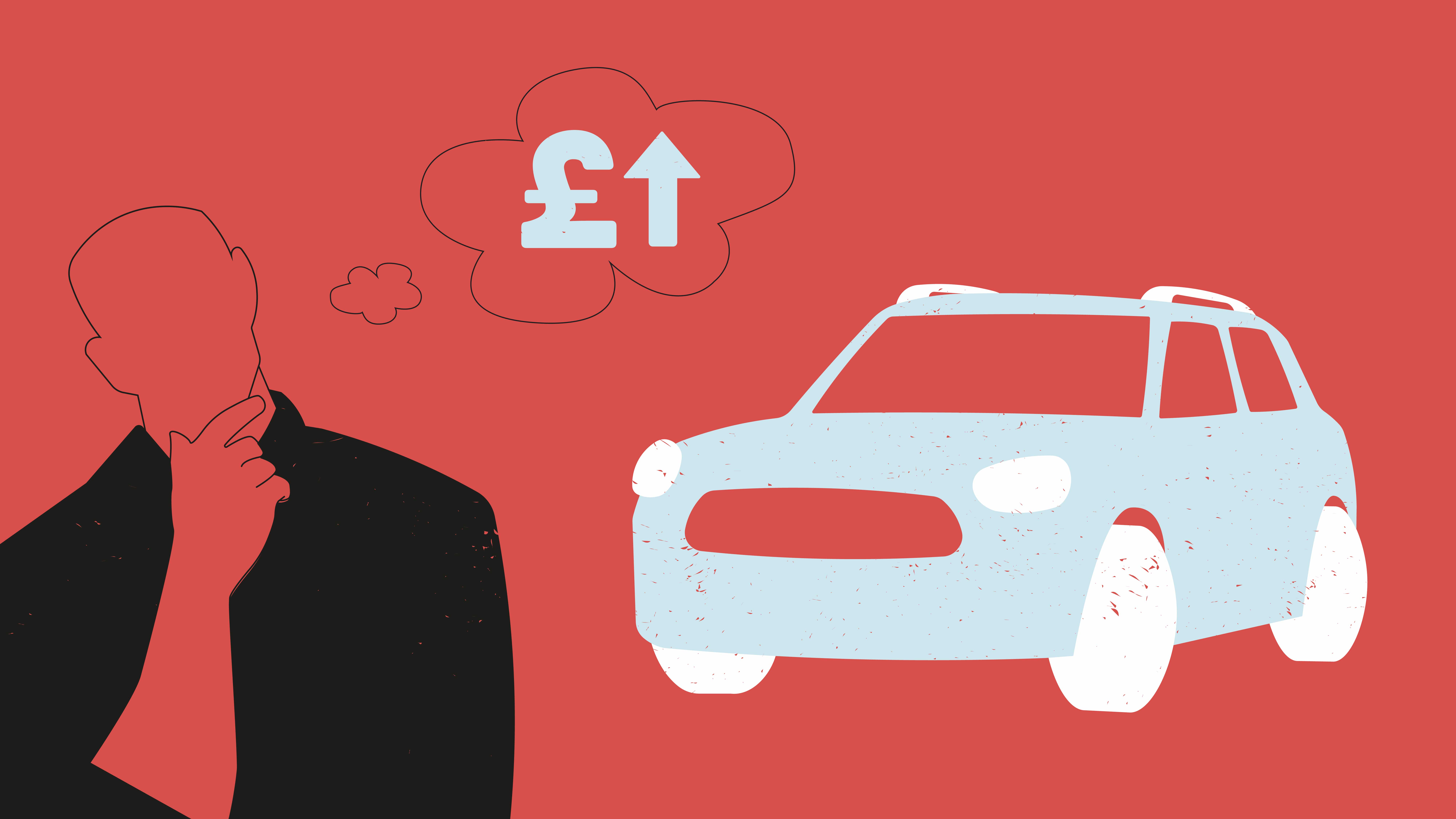 Illustration of person and car, with person thinking about money
