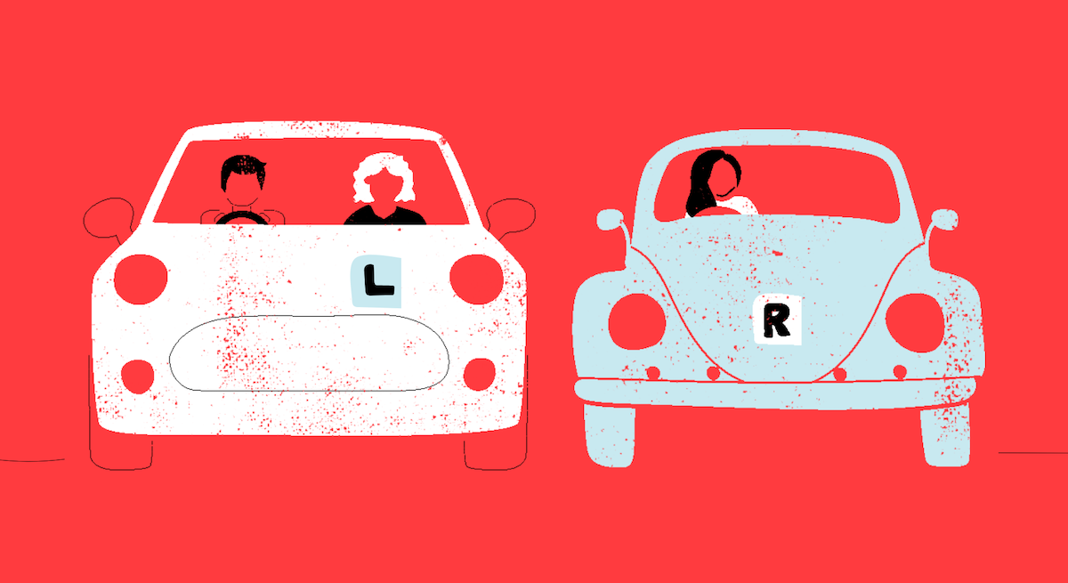 An illustration of two cars. One car on the left with an 'L' plate with a learner driver and their supervisor/instructor and another car on the right with an 'R' plate with a driver