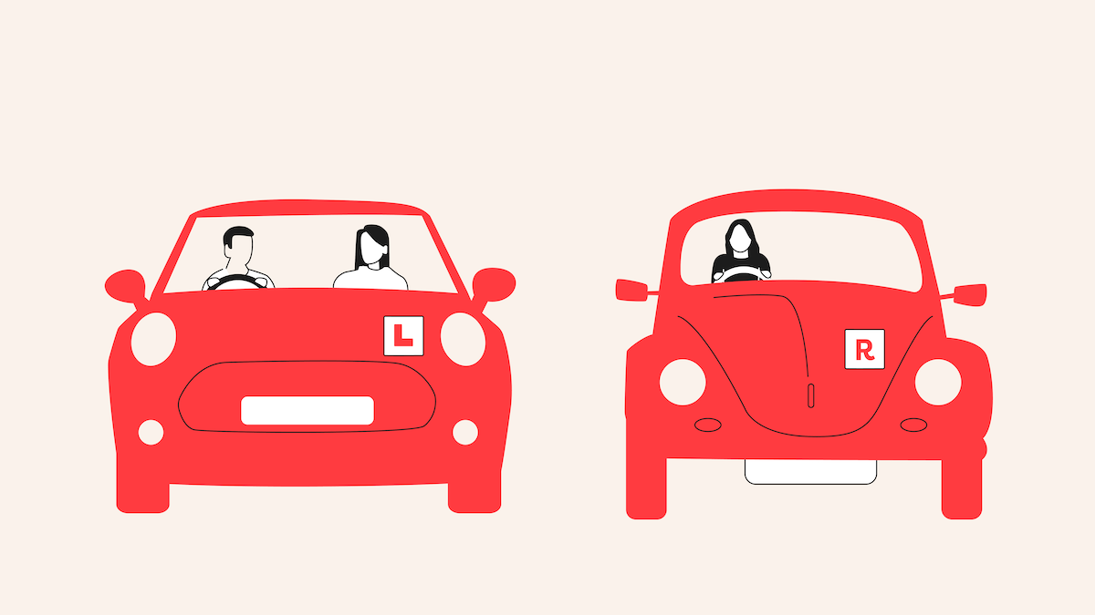 An illustration of two cars. One car on the left with an 'L' plate with a learner driver and their supervisor/instructor and another car on the right with an 'R' plate with a driver