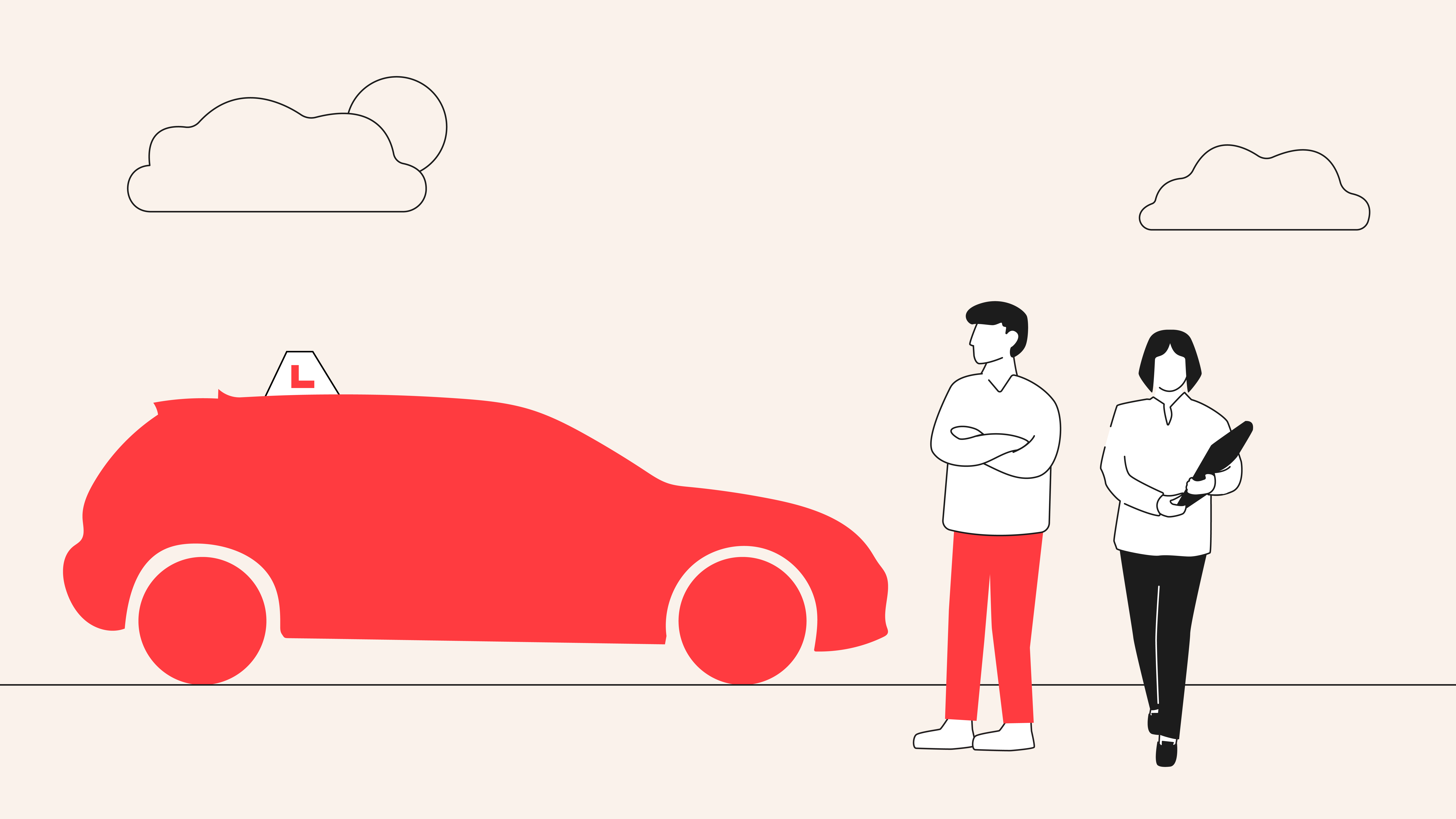 Illustration of a learner driver standing next to a car and their examiner for their driving test