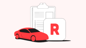 An illustration of a car, logbook and R plate.